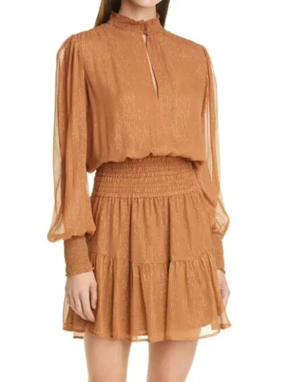 A.L.C. Silvie Smocked Long Sleeve Silk Metallic Dress Butterscotch